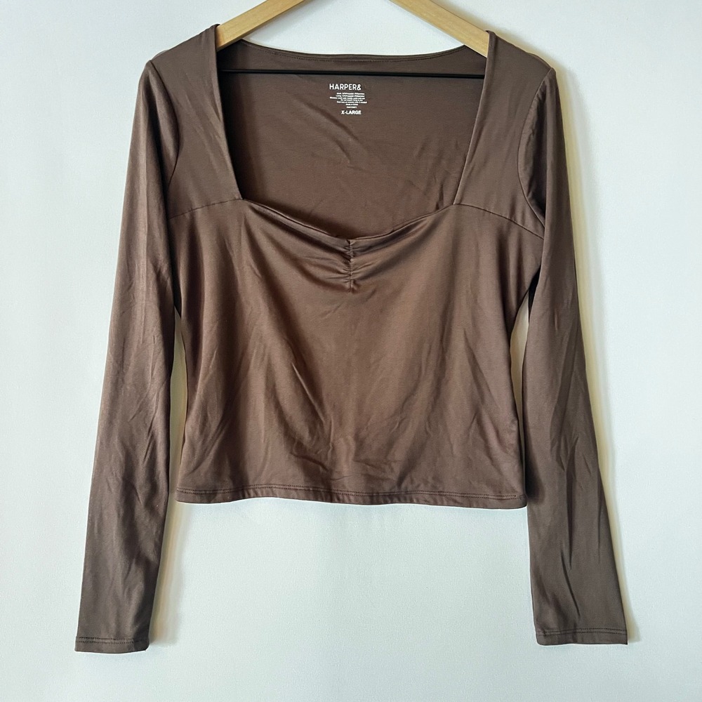 Harper & Ivy Brown Square Neck Ruched Knit Long Sleeve Layering Top XL X-Large